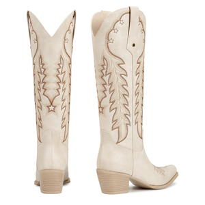 أحذية كاوبوي نسائية WETKISS 2025 رائجة البيع بكعب سميك وتصميم واسع، أحذية طويلة حتى الركبة بلون بيج مع تطريز - Product Image 4