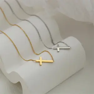 Dainty Gold Plated Chain Choker Necklace Christian 18K Gold Plated Minimalist Stainless Steel Sideways Cross Pendant Necklace
