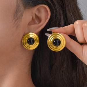 Women's <b>fashion</b> European and American style retro <b>earrings</b>, stainless steel black agate round <b>stud</b> <b>earrings</b> gold - Product Image 1