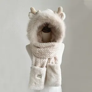 Winter letters antlers hat and gloves plush scarf cute windproof warm thickened fleece ear protection hat warm earmuffs hat