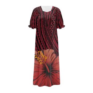 Maßgefertigtes Rotes Hibiskus-Blumen Polynesisches Tribal-Muster Mikronesien Mumu Kleid Trägerlos Bestseller Große Größe 6XL Lang Voluminös Hawaiianisch - Product Image 2