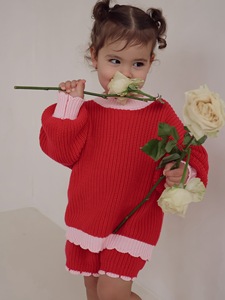 Ensemble personnalisé haut festonné et short en tricot, combinaison-pull en maille pour bébés filles, pantalon en coton rouge, ensemble pull-over - Product Image 1
