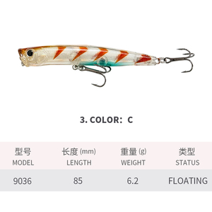 Leurre de pêche Topwater Popper 85mm 6g Wobbler Appâts artificiels durs <span class=keywords><strong>Feed</strong></span> Popper pour la pêche au bar - Product Image 4