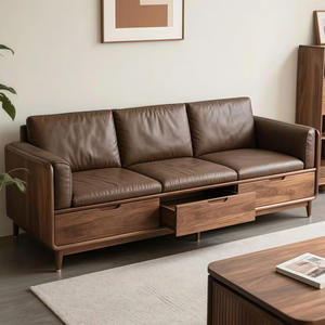 Ensemble de canapés en bois <span class=keywords><strong>massif</strong></span> de style chinois moderne minimaliste, bois de noyer noir, canapé en cuir en ligne droite pour salon - Product Image 2