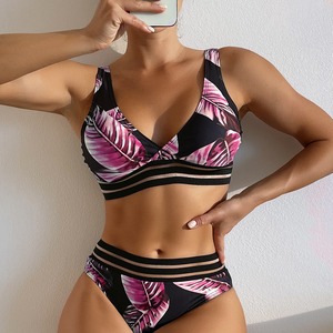 NEW Sexy Solid Prints High Waist Lace Stitching Backless V-neck Halter Two Piece <b>Bikini</b> Beachwear Swimsuit Custom Women Swimwear - Product Image 4