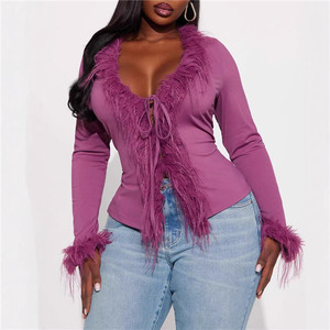 Nuovo Cardigan Primaverile con Bordo in Pelliccia, Sottile, da <span class=keywords><strong>Donna</strong></span>, con Scollo a V e Lacci, Manica Lunga, Tinta Unita - Product Image 4