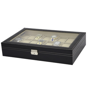 Boîte <span class=keywords><strong>de</strong></span> <span class=keywords><strong>rangement</strong></span> pour montres à bracelet pour <span class=keywords><strong>homme</strong></span> en cuir PU noir à 24 emplacements Grande capacité avec couvercle en verre - Product Image 2