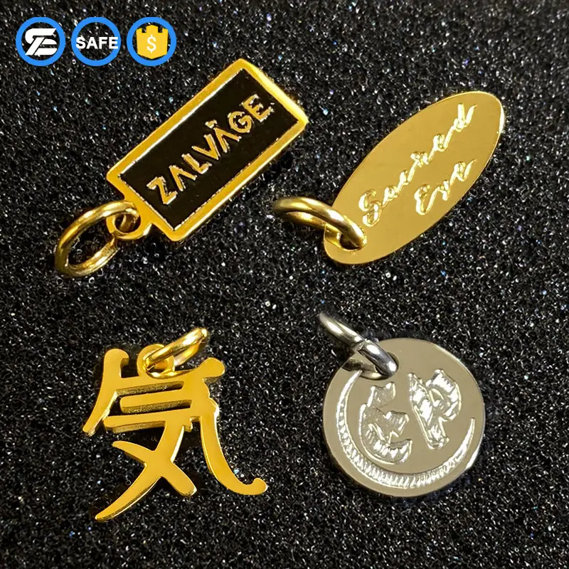 Pingente de joia com etiquetas de metal personalizadas para joias, etiquetas de joias de marca gravadas em aço inoxidável com logotipo personalizado