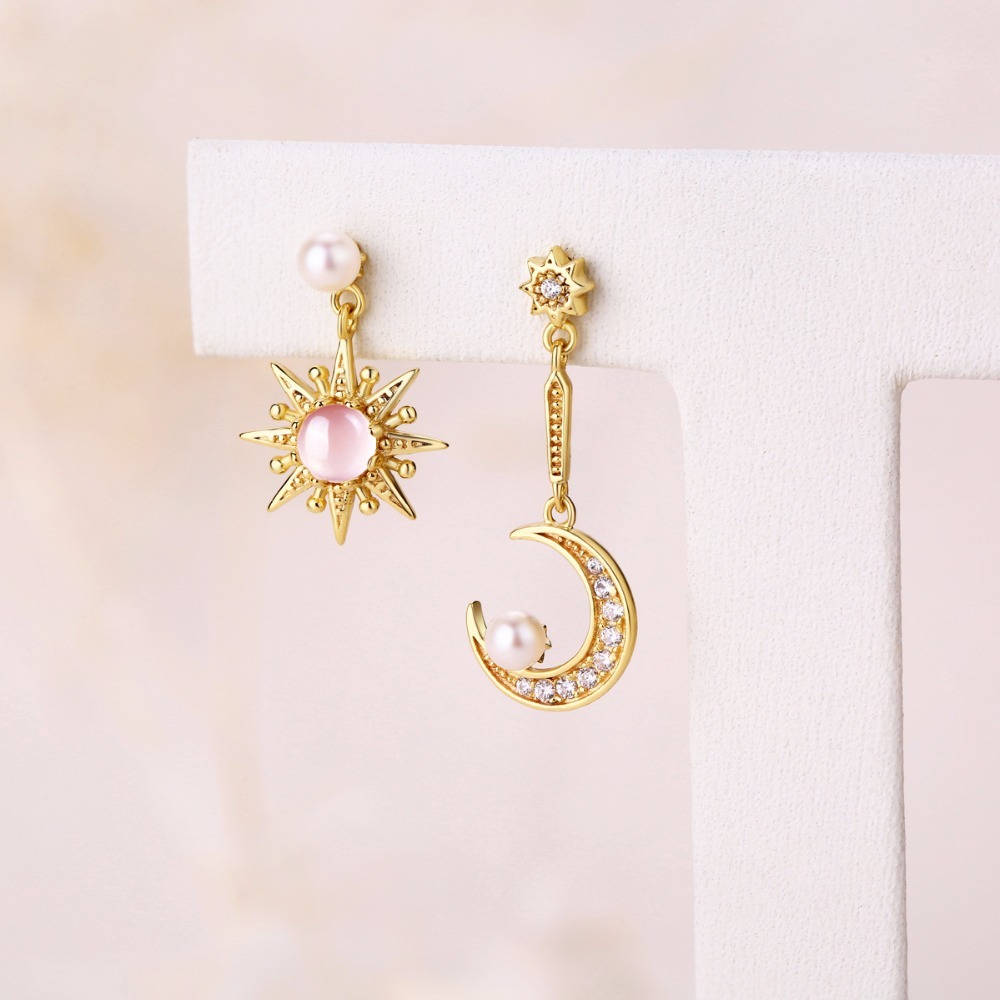 Joyería de moda para las niñas, pendientes de cuarzo rosa collar Luna y estrellas de lujo luz perla conjunto