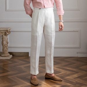 <span class=keywords><strong>Pantaloni</strong></span> Casual da uomo <span class=keywords><strong>estivi</strong></span> alla moda 100% <span class=keywords><strong>lino</strong></span> italiano napoli a vita alta medi piatti anteriori leggeri e traspiranti - Product Image 2
