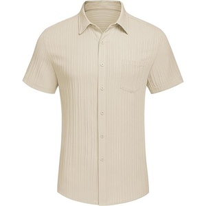 Men's ODM Custom Logo Casual Button <b>Down</b> Shirts Short Sleeve Breathable Stand Collar Textured Summer Beach Shirt with Pocket - Product Image 4