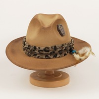 Nuevo Sombrero Fedora Vaquero Occidental de Ala Ancha de Fieltro con Cinturón de Leopardo y Pluma, Estilo Retro Gótico para Disfraz, para Hombres y Mujeres
