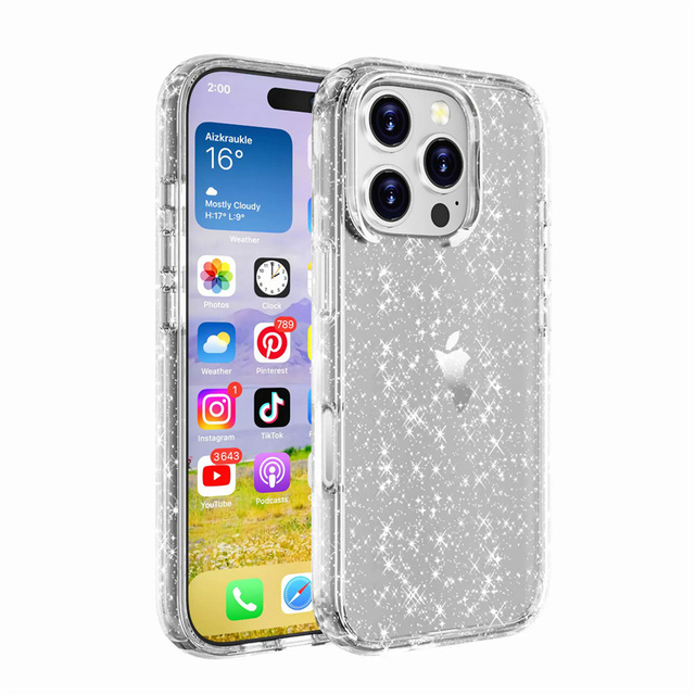 Transparent Glitter Non-Yellowing Phone Case for iPhone 14 15 16 Pro Max Sparkle Slim Hard Shockproof Case for Women Shiny Clear