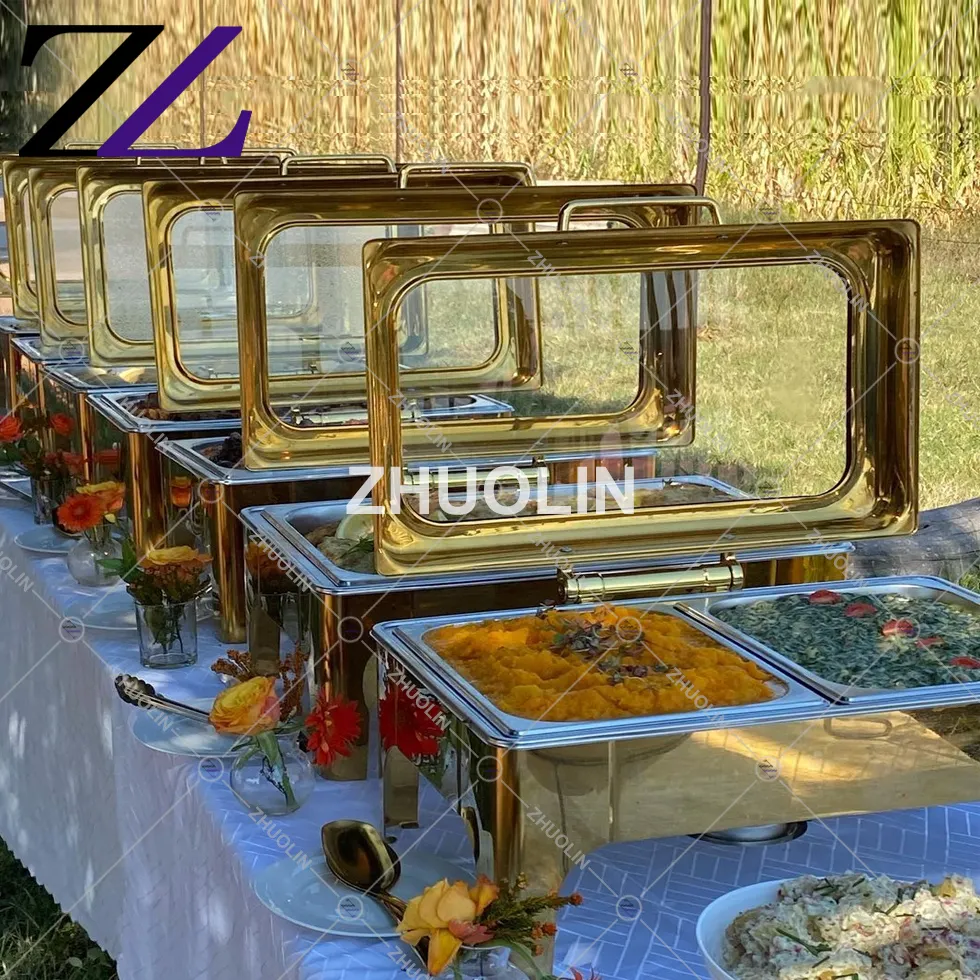 Pirinç düğün büfe servisi cam gıda ısıtıcısı set lüks 9L altın chedivided yemekleri ile bölünmüş iç reşo çanak catering için