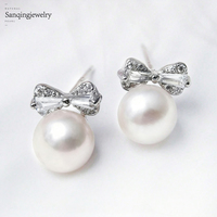 Boucles d'oreilles nœud en argent sterling 925 plaqué platine avec perles de culture d'eau douce blanches de qualité AAAAA, forme pomme de terre, pour femme, idéales pour mariage