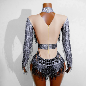 Combinaison pour femme adulte à motif argenté futuriste et franges de strass noirs, style Dark Glamour, pour Cyber Rave, <span class=keywords><strong>Majorette</strong></span>, Drag Queen et tenue de scène - Product Image 2