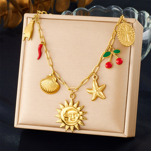 Stainless Steel Necklace With Sun Face Cherry Chili Pepper Starfish Shell Cross Charms Fashion Pendant Jewelry - Product Image 1
