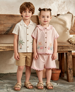 Conjunto de Ropa para Bebé Niña con Cuello Peter <span class=keywords><strong>Pan</strong></span>, Bordado de Conchas y Borde Festoneado, Mezcla de Algodón y <span class=keywords><strong>Lino</strong></span> - Product Image 1