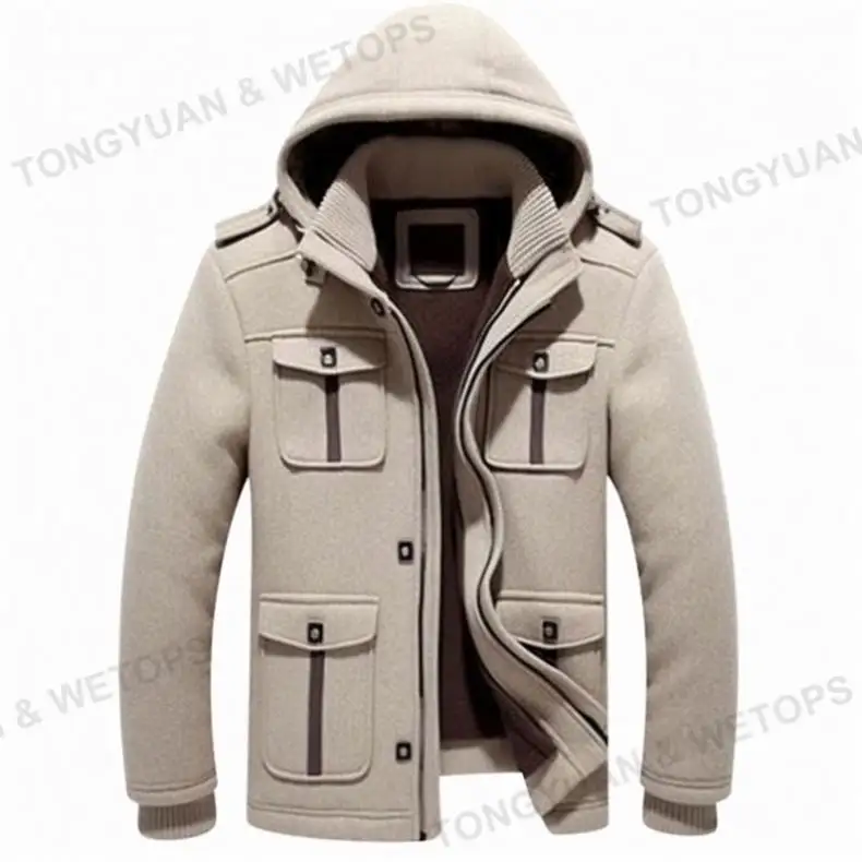 Winter Jacket Men's Wool Hoodie And Turn Down Collar Zipper Button Men Coat With Pocket Coats