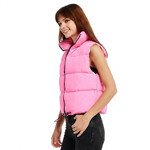 Chaleco Acolchado Rosa para Mujer, Cuello Alto, Cierre de Cremallera, Ropa Exterior Informal, Color Sólido, Largo Regular, 100% Poliéster, Resistente al Viento - Product Image 1