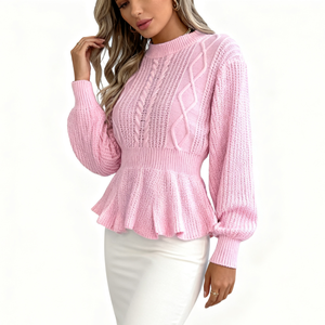 <span class=keywords><strong>Pull</strong></span> en tricot de style western <span class=keywords><strong>rose</strong></span> <span class=keywords><strong>pastel</strong></span> pour femmes - Taille froncée, ourlet à volants, peplum ajusté, élégant, pour cocktail, quotidien - Product Image 1