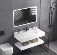 Vasque sans joint de 60 à 80 cm en pierre frittée, finition avec coins biseautés, miroir LED inclus, meuble-lavabo de salle de bain minimaliste moderne