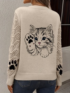 <strong>Women's</strong> Breathable Elegant Kitten Graphic Knit Sweater Crew Neck Pointelle Mesh 100% Polyester Digital Cat <strong>Jumper</strong> 300g - Product Image 3