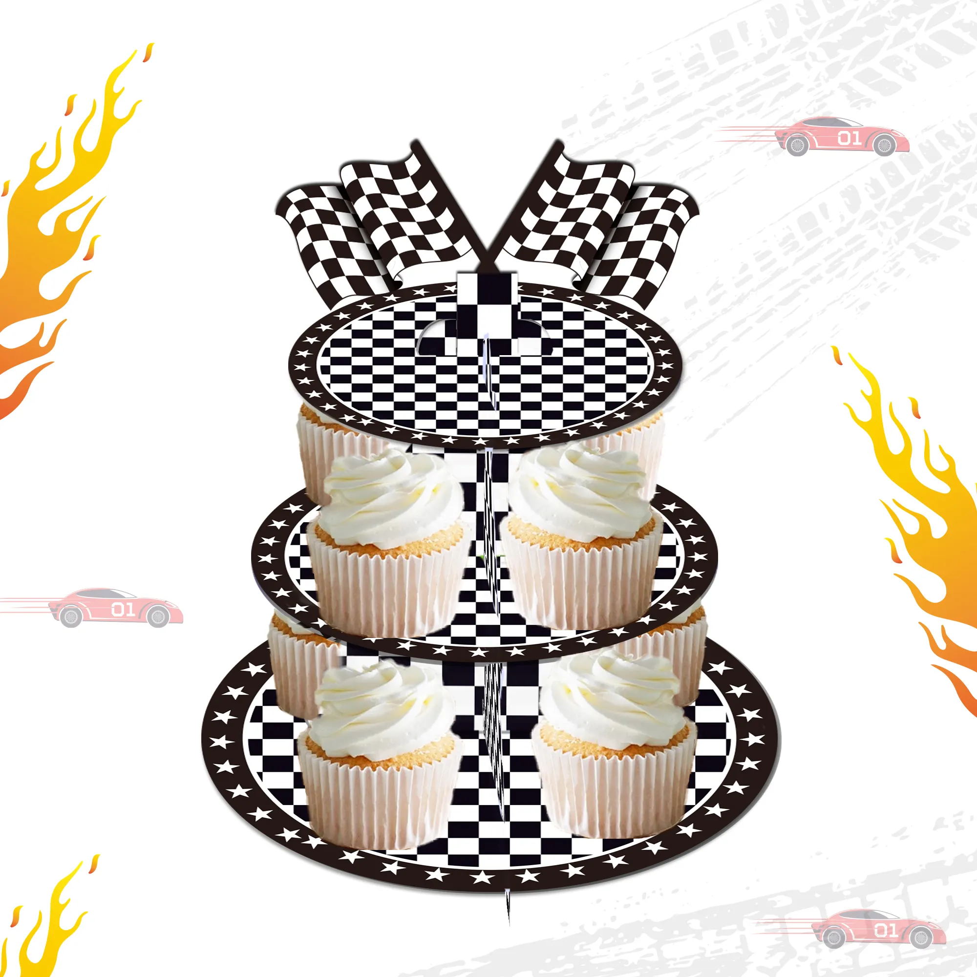 Huancai Race Car Party Cake Stand 3 Tier Cupcake Stand Zwart En Wit Geruit Feest Decor Voor Kinderen Verjaardagsfeestartikelen