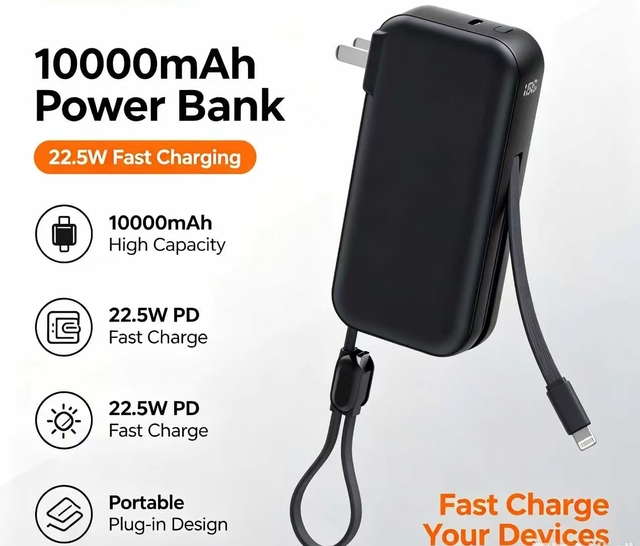 10000mAh Li-Polymer Power Bank Built-in AC Plug 22.5W PD Fast Charging Built-in Type C Cable Portable Travel Charger Wholesale