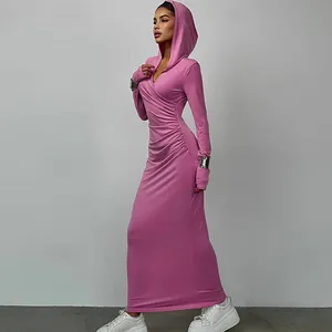 Grosir pakaian Hoodie berkerudung Maxi Bodycon lengan panjang Ruched Solid olahraga kasual mode musim semi gaun Hoodie untuk wanita