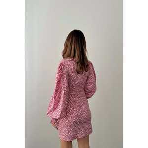 Vestido ajustado fucsia con lunares, cuello redondo, con lazo en la cintura, para uso diario, tela tejida, estilo casual. - Product Image 4