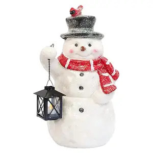 Christmas Polyresin Snowman Statues with Lantern LED Light Resin Door Greeter Figurines