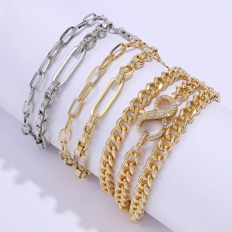 KJ fashion women rough gold chain bracelet copper accessories thick Cuban chain stacking multi-layer bracelet jewelry
