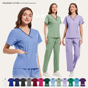 Women's Scrub Set Short Sleeve Split Oxford Fabric Breathable Medical Uniform For Salon Hospital Workwear - Product Image 1