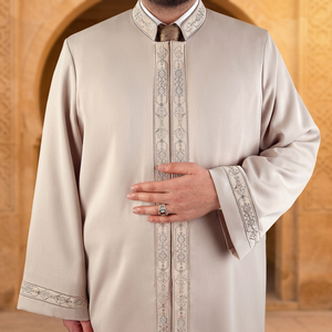 Elegant Embroidered Linen Handmade <b>Men</b> <b>Thobe</b> Traditional Islamic Clothing Moroccan Mandarin Collar Arab Modest Long Sleeve - Product Image 2