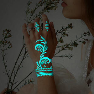 Tatuaje Temporal <span class=keywords><strong>de</strong></span> Henna Luminosa Azul, Diseño Tribal con Encaje Blanco, Loto, Mandala y Flores para Chicas - Product Image 1