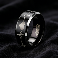 Anillo de boda de carburo de tungsteno de 8 mm al por mayor con grabado de electrocardiograma (ECG) de latido de corazón, negro y plateado, con borde biselado