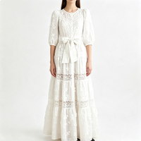 Robe longue tissée blanche vintage pour femme, personnalisée OEM, avec manches lanternes, broderie florale 3D et dentelle superposée, style mignon et doux