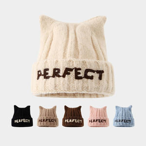 Großhandel Custom Logo Unisex Winter Warme Acryl Mütze Hut Katze Ohr Dekoration Hochwertige Strick mütze - Product Image 2