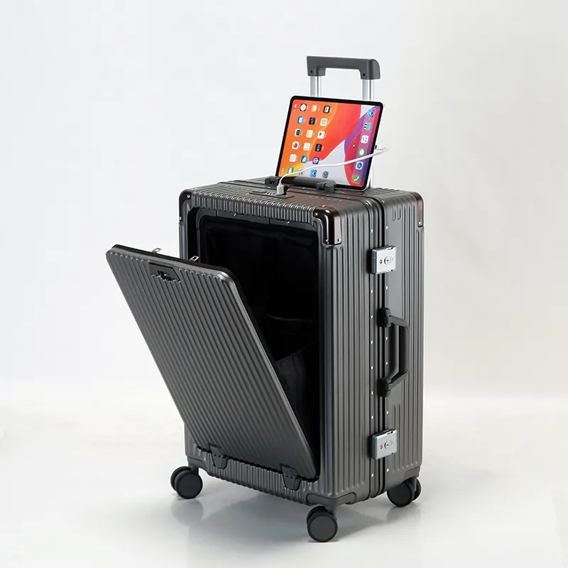 JINYI toptan akıllı bagaj ön cep arabası bavul çanta Tsa kilit akıllı çok fonksiyonlu Usb portu Abs Pc bagaj setleri