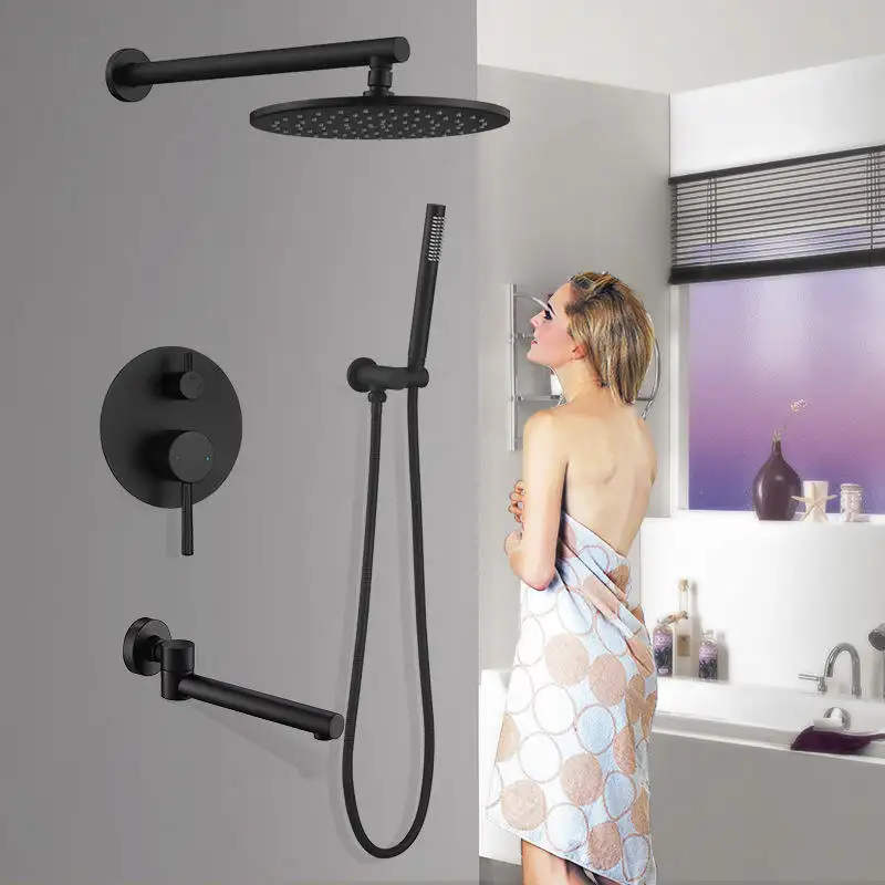 황동 블랙 8-12 "레인 샤워 헤드 욕실 샤워 세트 전환기 믹서 밸브 샤워 시스템 벽걸이 형