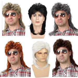 Perruque Mullet <span class=keywords><strong>Homme</strong></span> en Gros, <span class=keywords><strong>Cheveux</strong></span> Bouclés Bruns, Fibre Haute Température, Peut Être Permanente et Teintée, Perruques Vintage Années 80 pour Cosplay - Product Image 2