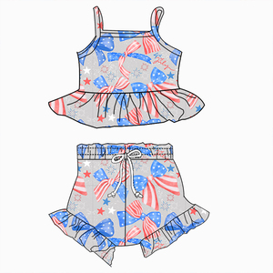 Completo per Bambine per il 4 Luglio, Top con Volant e Pantaloncini in Tessuto Milk Silk, Set 2 Pezzi, Abbigliamento Patriottico per Bambini per la Festa dell'Indipendenza - Product Image 5