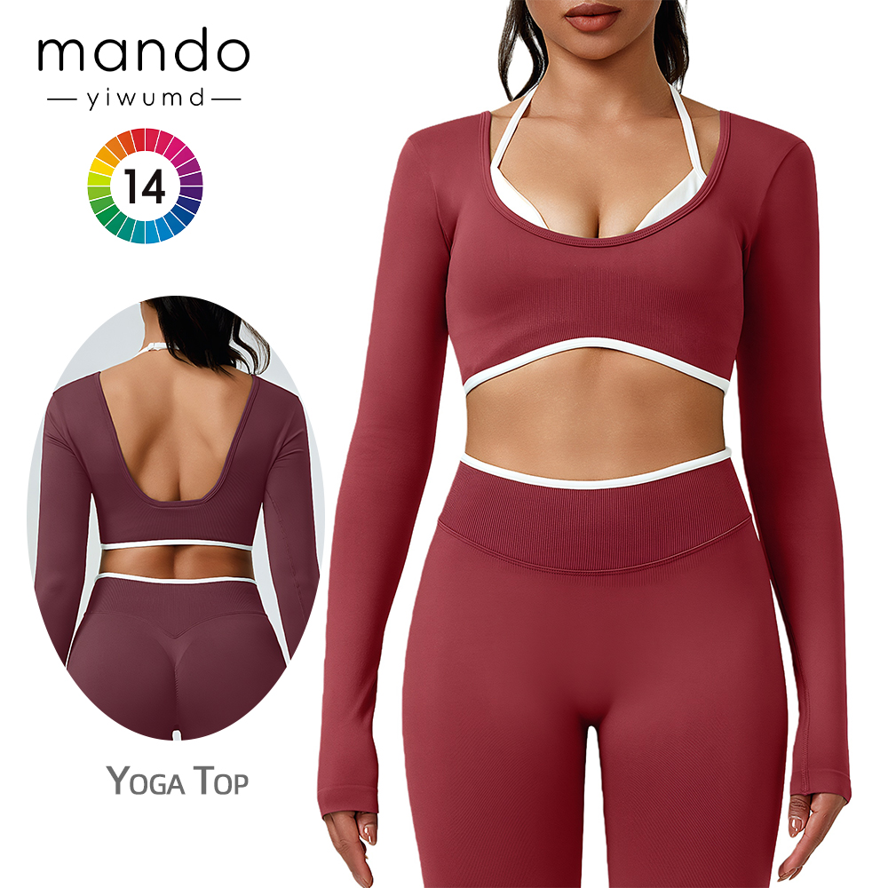 Women's Seamless Nylon Spandex Long Sleeve Crop Top Halter Backless Color Block Activewear for Yoga & Gym Sports