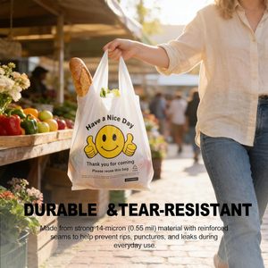 Plastic T-Shirt <b>Bags</b> 11.5 x 6.5 x 21 In HDPE Reusable Grocery <b>Bags</b> With Handles Smiley Design - Product Image 3