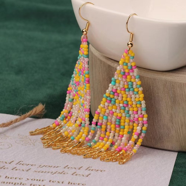 Summer Rainbow Hoop Dangle Earring Creative Handmade Tassel Statement Seed Beaded Earrings for Women