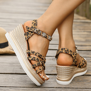 Women Cross Strap Wedge <b>Sandals</b> Summer New Leopard Print European American Style Rhinestone Roman <b>Sandals</b> - Product Image 4