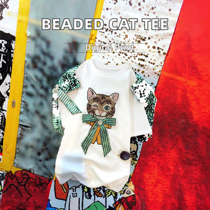 Camiseta de Verano Casual de Manga Corta para Mujer, Estilo Holgado, con Lazo de Gato con Cuentas y Diamantes, Geométrica, de Chifón, Lisa - Product Image 2