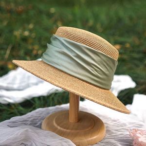 Wholesale Female Straw <b>Hat</b> With Satin Ribbon Wide Brim Sun Beach <b>Hat</b> Summer French <b>Flat</b> Top Bowler Straw <b>Hat</b> - Product Image 3