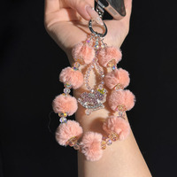 Pendentif de téléphone portable en peluche style coréen fait main avec perles, bracelet court, chaîne anti-perte pour femme